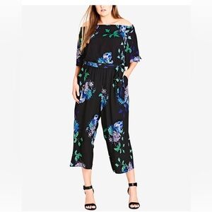 City Chic Floral Off-Shoulder Jumpsuit - Black and Blue, Size XL, 22W